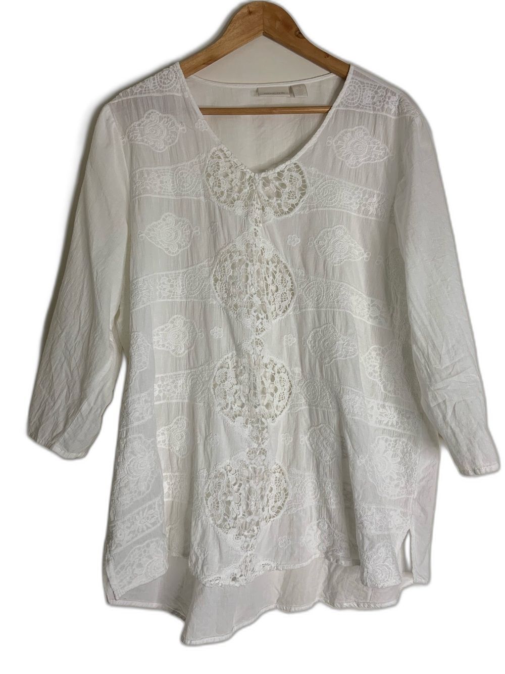Chico’s White Boho Cotton Lace Panel V-Neck Women Semi Sheer Top Blouse 3 XL
